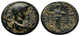 Caria, Cidramus. Claudius, AD 41-54, for Nero. AE (21mm, 5.97g). Polemon Seleukos?, magistrate. Barehead and draped bust right. / Cult statue of Aphro...