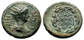 Caria, Cidramus. Nero. As Caesar, AD 50-54. AE (15mm, 3.61g). Polemon Seleukou, magistrate. Radiate and draped bust of Nero right. / ΠO / ΛЄMΩ / N CЄΛ...
