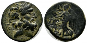 Cilicia, Elaiussa-Sebaste. AE (21mm, 6.18g). c.120-80 BC. Laureate head of Zeus right. / EΛAIOYΣIΩN. Nike avdancing left, holding wreath and palm; two...