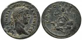 Commagene, Samosata. Elagabalus. AD 218-222. AE (32mm, 22.55g). Laureate head right. / Tyche seated left on rock outcropping, holding grain ears; eagl...