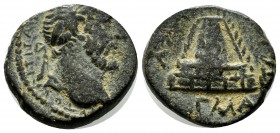 Commagene, Zeugma. Antoninus Pius. (AD 138-161). AE (18mm, 6.38g). Laureate head right. / Tetrastyle temple atop hill, with structures at base of hill...