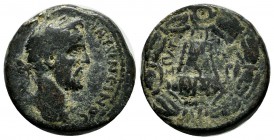 Commagene, Zeugma. Antoninus Pius. 138-161 AD. AE (20mm, 8.36g). Laureate head right / ZEYΓM-AEWN, tetrastyle temple on a hill; Z below; all within la...