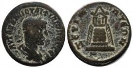Commagene, Zeugma. Philip I. AD 244-249. AE (24mm, 9.91g). Laureate, draped, and cuirassed bust right. / Tetrastyle temple of Zeus(?) with peribolos c...