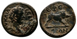 Ionia, Ephesos. Septimius Severus, 193-211 AD. AE (17mm-3,24g). Draped, laureate bust right / EΦE-CIΩN. Boar running right, pierced by spear. Rare, un...