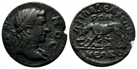 Lydia, Philadelphia. Third Century AD. AE (22mm, 5.22g) . Bust of Demos right / Lupa Romana standing left, suckling twins Romulus and Remus. BMC -; SN...