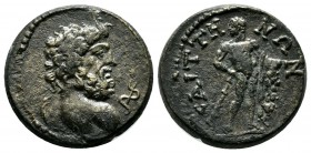 Lydia, Saitta. Pseudo-autonomous issue. AE (19mm, 5.83g). (Time of Septimius Severus). Bust of Asklepios right, holding serpent-entwined staff, seen f...