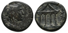 Lydia, Sardeis. AD 90-100. AE (14mm-3,49g). IEPA CYNKΛHTOC, bare-headed and draped bust of the Senate right / [CARΔIA]NΩN, hexastyle temple with three...