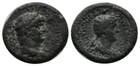 Lydia, Thyateira. Nero with Poppaea AD 54-68. AE (15mm, 3.77g). [NЄPΩN KΛAVΔIOC KAICAP CЄBACTOC]. Laureate head of Nero right. / [ ΠΟΠΠAIAN / CЄBACTHN...