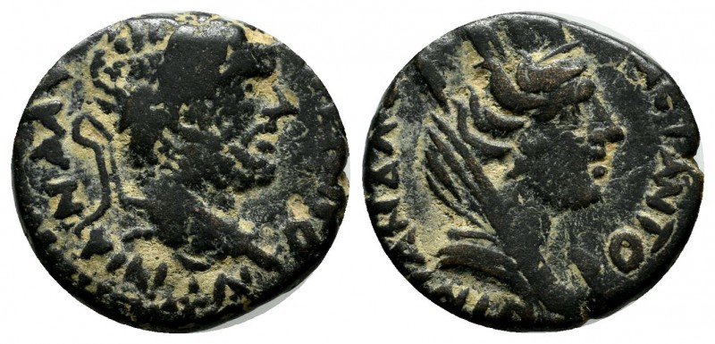 Mesopotamia, Carrhae. Caracalla (196-217AD.) AE (16mm, 3.69g). Laureate head rig...