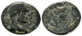 Mesopotamia, Carrhae. Caracalla (198-217). AE (20mm, 4.07g). Laureate head right / Turreted head of Tyche right; cornucopia before. SNG Copenhagen 184...