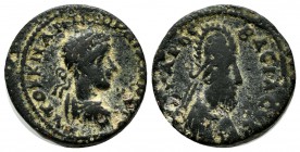 Mesopotamia, Edessa. Gordian III with Abgar X Phraates 238-244 AD. AE (18mm, 5.38g). AV[...] ΓOPΔIANOC CЄB, laureate head right; star in right field /...