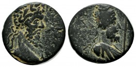 Mesopotamia, Edessa. Septimius Severus AD 193-211. AE (18mm, 5.44g). Laureate head of Septimius Severus right / Diademed and draped bust of Abgar righ...