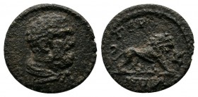 Mysia (Lydia?), Germe. 193-235 AD. AE (12mm-1,30g). Bearded bust of Herakles right, lion-skin around shoulders. / ΓΕΡΜΗ-ΝΩΝ. Nemian lion walking right...