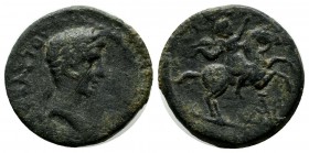 Mysia, Adramyteum. Augustus. 27 BC-AD 14. AE (18mm, 3.30g) . Laureate head right / Horseman right, wearing chlamys, raising arm; monogram to lower rig...