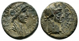 Mysia, Pergamum. Time of Claudius-Nero 41-68AD. AE (14mm, 3.17g). ΘЄON CYN-KΛHTON. Draped bust of the Senate right. / ΘЄAN PΩ-MHN. Turreted head of Ro...