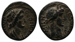 Mysia, Pergamum. Time of Claudius-Nero 41-68AD. AE (15mm-2,25g). ΘЄON CYNKΛHTON. Draped bust of the Senate right. / ΘЄAN PΩMHN. Turreted head of Roma ...