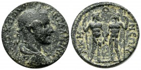 Phrygia, Akmoneia. Gallienus, AD 253-268. AE (26mm, 14.53g). Laureate and cuirassed bust right / AKMONЄΩN. The Dioskouroi standing facing, heads facin...