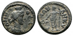 Phrygia, Ankyra. Pseudo-autonomous. Time of Septimius Severus-Caracalla 193-211. AE (12mm, 3.63g). ΘEA PΩMH. Turreted and draped bust of Roma right /A...