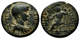 Phrygia, Sebaste. Nero 54-68 AD. Struck circa 55 AD. AE (19mm, 5.38g) ΣEBAΣ-TOΣ, draped bust right / ΣEBAΣTHNΩN IOVΛIOΣ ΔIONVΣIO; Zeus enthroned left,...