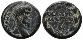 Syria, Cyrrhestica, Hierapolis. Lucius Verus. AD 161-169. AE (21mm, 10.40g). Laureate head right / ΘЄAC CYPI/AC IЄPOΠO in two lines; Θ below; all with...