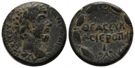 Syria, Cyrrhestica. Hierapolis. Marcus Aurelius. AD 161-180. AE (23mm, 10.00g). Laureate head right / Legend in two lines within wreath; I below.