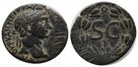 Syria, Seleucis and Pieria. Antioch. Trajan AD 98-117. AE As (22mm, 5.68g). Struck AD 102-114. Laureate head right / Large S•C; B below; all within la...