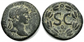 Syria, Seleucis and Pieria. Antioch. Trajan. AD 98-117. AE Sestertius (27mm, 16.63g). Struck AD 102-114. Laureate head right. / S • C, Φ below; all wi...