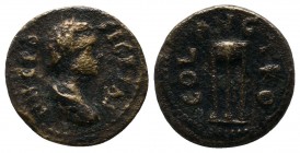 Troas, Alexandria Troas. Geta, 198-210 AD. AE (15mm-2,03g). IMP C POL SE GETAS, bare-headed, draped, cuirassed bust right. / COL AVG TRO, tripod altar...