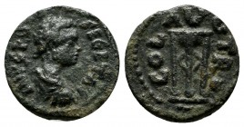 Troas, Alexandria Troas. Geta, as Caesar, AE (15mm, 2.29g). AD 198-210. IMP C PO SE GETAS, laureate and draped bust right / COL AVG TRO, tripod. Belli...
