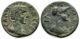 Troas, Ilium. Salonina (Augusta, 254-268). AE (19mm, 4.85g). CAΛΩNINA CEB. Draped bust right, wearing stephane. / IΛIEΩN. Helmeted bust of Athena righ...