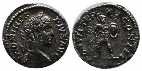 Caracalla (198-217). AR Denarius (18mm, 3.04g). Rome, AD 208. Laureate head right. / Mars advancing left, looking right, holding spear and shield. RIC...