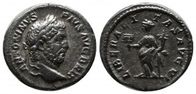 Caracalla, AD 198-217. AR Denarius (18mm, 3.05g), Rome, 211. ANTONINVS PIVS AVG BRIT Laureate head of Caracalla to right. / LIBERALITAS AVG VI Liberal...