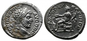 Caracalla, AD 198-217. AR Denarius (18mm-3.19g). Rome mint. Struck AD 212. Laureate and bearded head right / Salus seated left, holding cornucopia and...