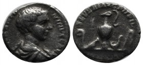 Caracalla. As Caesar, AD 196-198. AR Denarius (16mm, 2.61g). Rome mint. Struck AD 196-197. Draped bust right / Priestly implements: lituus, cultellus,...