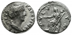 Diva Faustina I. AR Denarius (17mm, 2.90g). Consecration issue struck under Antoninus Pius in Rome, after AD 141. DIVA FAVSTINA, draped bust right. / ...