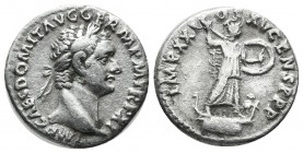 Domitian. AD 81-96. AR Denarius (18mm, 3.20g). Rome, AD 90-91. Laureate head right. / Minerva standing right, brandishing spear and holding shield. RI...