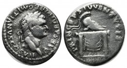 Domitian. Caesar, AD 69-81. AR Denarius (18mm, 3.06g). Rome. CAESAR DIVI F DOMITIANVS COS VII. Laureate head right. / PRINCEPS IVVENTVTIS. Helmet on d...