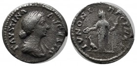 Faustina I, AD 139-141. AR Denarius (18mm, 3.15g). Rome. FAVSTINA AVGVSTA. Draped bust right. / IVNONI REGINAE. Juno standing left holding patera and ...