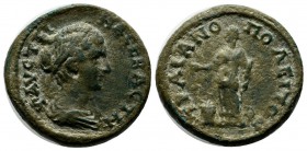 Faustina II (Augusta, 147-175). AE (22mm, 7.62g). ΦAVCTEI-NA CEBACTH. Draped bust right. / TPIANO-ΠOΛEITΩN. Pietas or Vesta standing left, holding pat...