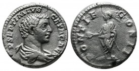 Geta as Caesar (AD 198-209). AR Denarius (17mm, 3.04g). AD 208-209. P SEPTIMIVS GETA CAES, draped bust right. / PONTIF COS II, Geta standing left, hol...