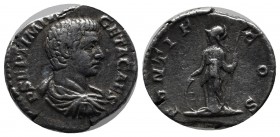 Geta as Caesar, AD 197-209. Denarius AR (17mm, 3.31g). Rome. P SEPTIMIVS GETA CAES, bare-headed and draped bust of Geta to right. / PONTIF COS, Minerv...