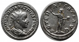 Gordian III (238-244). AR Denarius (22mm, 3.43g). Rome, AD 240-3. Laureate, draped and cuirassed bust right. / Sol, radiate, standing left, raising ha...