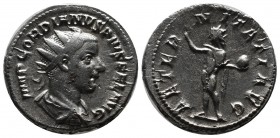 Gordian III (238-244). AR Denarius (22mm, 4.63g). Rome, AD 240-3. Laureate, draped and cuirassed bust right. / Sol, radiate, standing left, raising ha...