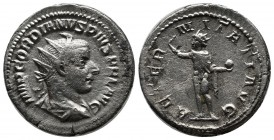 Gordian III (238-244). AR Denarius (23mm, 5.17g). Rome, AD 240-3. Laureate, draped and cuirassed bust right. / Sol, radiate, standing left, raising ha...