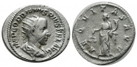 Gordian III, 238 - 244 AD. AR Antoninianus (23mm, 3.87g). Rome. IMP GORDIANVS PIVS FEL AVG. Radiate, draped and cuirassed bust of Gordian right. / AEQ...