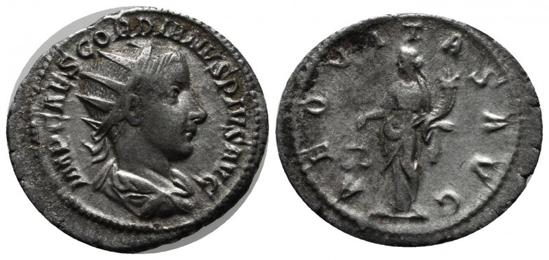 Gordian III. AD 240. AR Denarius (21mm, 3.49g). Laurate, draped and cuirassed bu...
