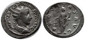 Gordian III. AD 240. AR Denarius (21mm, 3.49g). Laurate, draped and cuirassed bust right. / Equitas standing left with scales and cornucopia. RIC 34