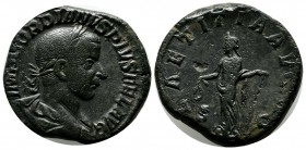 Gordian III. AE Sestertius (18mm, 20.21g). Rome, AD 238-244. IMP GORDIANVS PIVS FEL AVG, laureate, draped and cuirassed bust right. / LAETITIA AVG N, ...