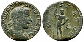 Gordian III. AE Sestertius (27mm, 16.98g). Rome, AD 241-243. IMP GORDIANVS PIVS FEL AVG. Laureate, draped and cuirassed bust right. / IOVI STATORI. Ju...