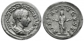 Gordian III. AR Denarius (20mm, 3.09g). Rome, AD 241. IMP GORDIANVS PIVS FEL AVG, laureate, draped and cuirassed bust right. / PIETAS AVGVSTI, Pietas ...